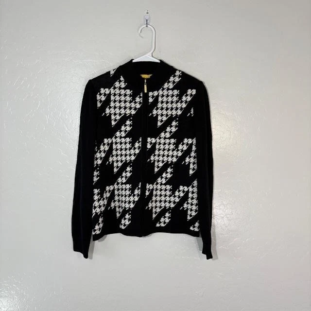 St John Sweater Womens Petite Black White Wool Zip Houndstooth Bomber Cardigan - Image 1 of 4