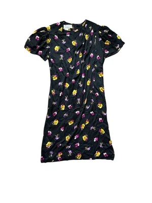 真丝复古 Rickie Freeman Teri Jon 黑色花卉 Midi Crossover 连衣裙 ~ 中号 — 第 1/3 张图片