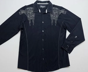 ROAR Signature Button Up Shirt Mens Size Large Black Embroidered Long Sleeve - Picture 1 of 20