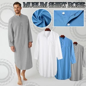 Men Solid Color Pajamas Fashion Loose Muslim Robe Long-sleeved Nightgown - Picture 1 of 14