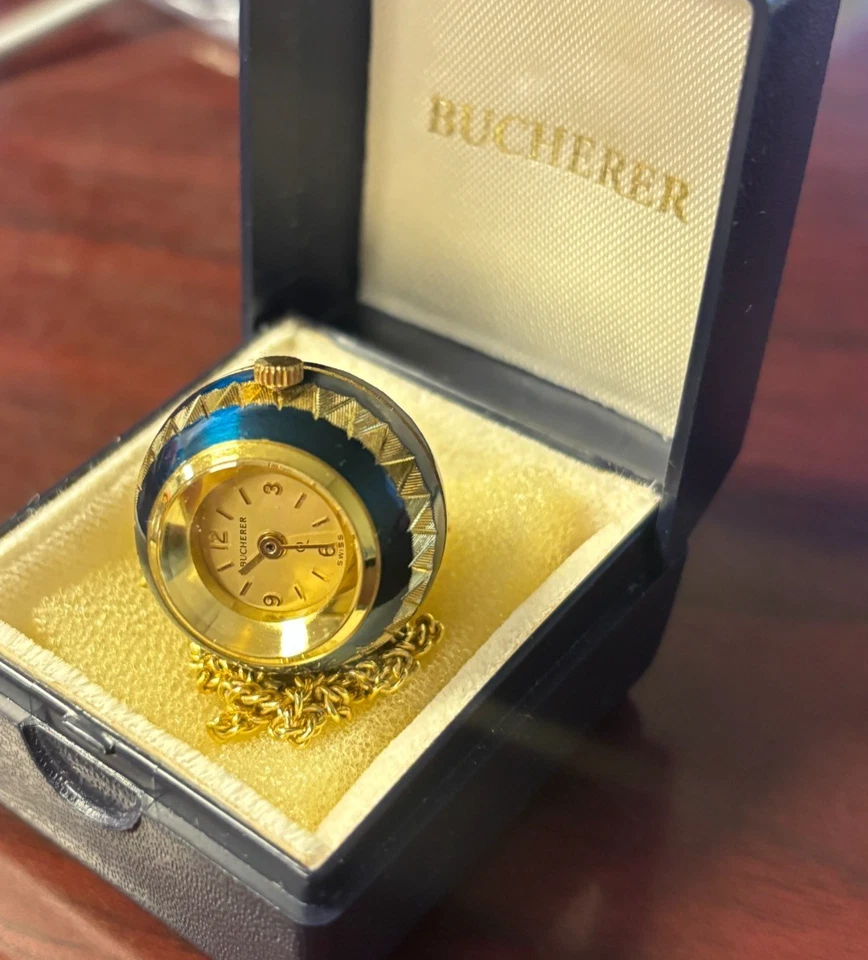 Bucherer Pendant Ball Watch Swiss Battery Blue Enamel Gold Working! - Image 1 of 4