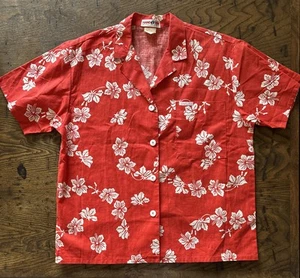 Vintage Hang Ten Hawaiian Shirt Made in USA Red Hibiscus Surf Waikiki Travel L - Picture 1 of 9