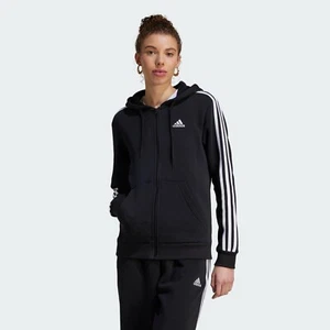 adidas women Essentials 3-Stripes Full-Zip Fleece Hoodie - Black White LARGE - Picture 1 of 5
