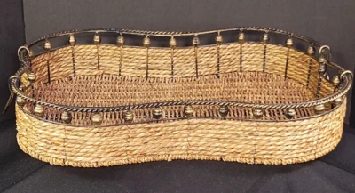 Basket Rectangle w/Oil Rub Bronze Metal Braiding Beads Handles Braid Rattan - Image 1 of 4
