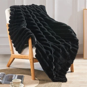 Cozy Fuzzy Striped Faux Fur Throw Blanket – Warm Soft Plush for Couch Bed Sofa - Picture 1 of 29