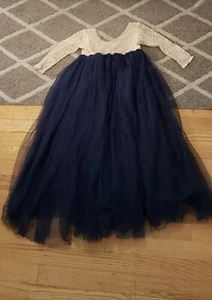NWT 2BUNNIES Girl Champagne Peony Lace Top Navy Tulle Long Sleeve Dress 7-8Y NEW - Picture 1 of 6