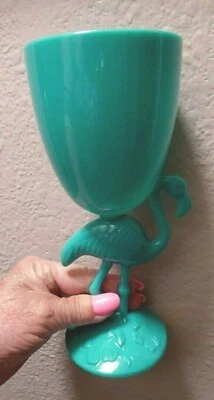 TEAL FLAMINGO Hawaiian Florada Party Wine Plastic Glass Pool Friendly Luau 8" - Image 1 of 4