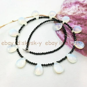 Faceted 3mm Black Spinel 10x14mm White Moonstone Teardrop Beads Necklace 18'' - Picture 1 of 3