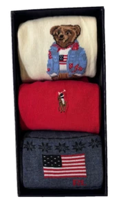 NIB Womens Polo Ralph Lauren 3 Pack Crew Box Gift Set Socks Red Blue Cream 9-11 - Picture 1 of 4