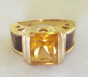 Heavy 14K Yellow Gold Citrine Garnet Ring - 6.42 gms, Sx 5, 7.0 ctw - Picture 1 of 11