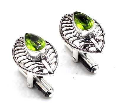 925 Sterling Silver Green Peridot Gemstone Jewelry Cuff Links For Men Size-1 - Image 1 of 2
