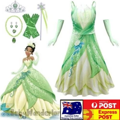 Girls Princess Tiana Costume Dress Gloves Set Halloween Book Week Cosplay 3-10Yr - image 1 of 4