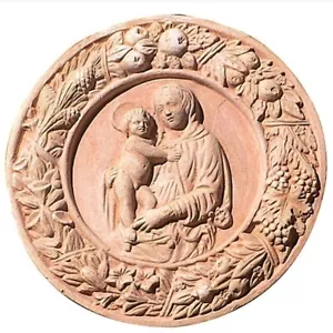 Virgin And Child In Garland Wall Decoration In Terracotta Ø 38Cm - Picture 1 of 1