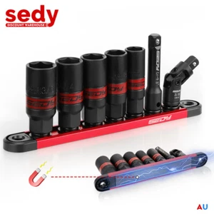 7-Pieces 3/8'' Drive Spark Plug Socket Set Impact Magnetic Rail SAE & Metric - Picture 1 of 11