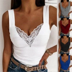 Womens Lace Sexy Sleeveless Tops Ladies V Neck Vest Casual Cami Blouse Shirt US - Picture 1 of 9