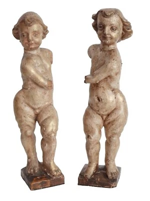 Antiguo conjunto de 2 esculturas de ángeles putti de madera tallada del norte de Italia Foto 1 de 4