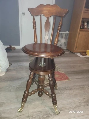 Antiguo taburete de órgano de piano ajustable con respaldo alto patas de bola de vidrio RARO Foto 1 de 3