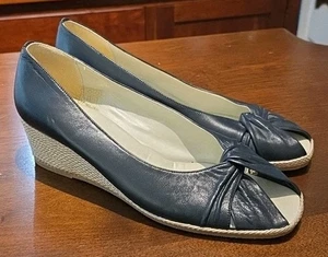 Carvela dunkelblau Peeptoe Lederschuh, Raffia Keilabsatz Schleife Knoten EUSZ38 7,5 US SSH - Bild 1 von 14