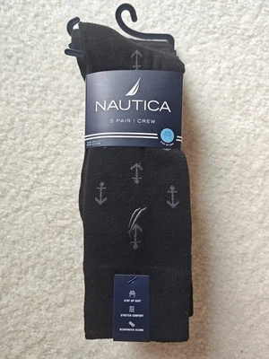 New NAUTICA Size 6-12.5 Men's Stay Up Cuff Crew Socks Black & w/Logo - 5 Pairs Foto 1 de 3