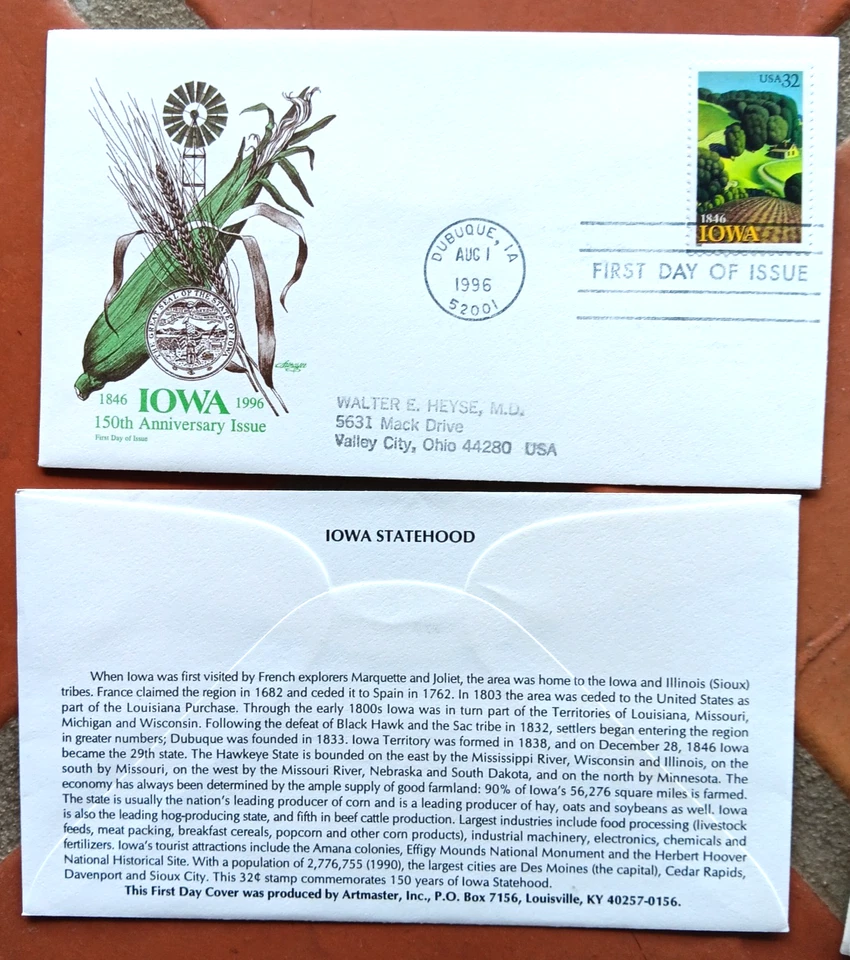 IOWA STATEHOOD 1846-1996 150TH CORN & STATE SEAL ARTMASTER CACHET FDC Foto 1 de 1