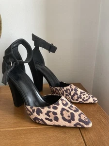 Ladies Black/animal Print Ankle Strap Shoes Size 39/uk6 - Picture 1 of 2