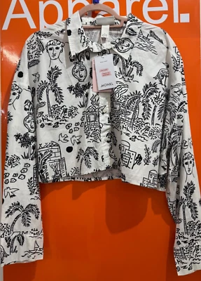 Monki Printed Cropped Shirt, Organic Cotton, White, Size Large, New, sf — 第 1/2 张图片