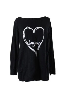Suéter Charter Club Plus Size preto Bonjour gráfico gola barco 2X - Imagem 1 de 3