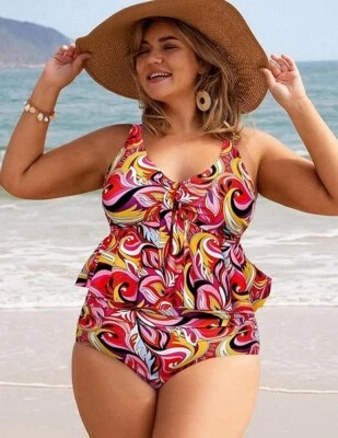 Hanna Nikole Ruffle A-line Top Swimsuit with Tummy Control Briefs Red 12W NEW - Image 1 of 4