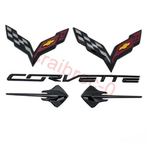 5PC Gloss Black Front Rear Stingray Cross Flags Emblem Kit 2014-2019 Corvette C7 - Picture 1 of 5
