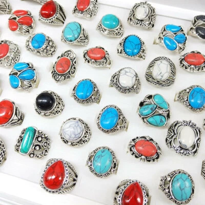 Lote a granel de 36 piezas de anillos de aleación turquesa de moda mixtos de joyería para hombre Foto 1 de 4