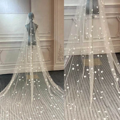1 Tier Wedding Bridal Veil Lace Cathedral Length Flower Applique Pearl With Comb - Image 1 of 4