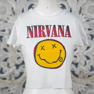 Nirvana Women’s M Cropped Band Tee White Smiley Face Grunge T-Shirt 100% Cotton - Picture 1 of 7