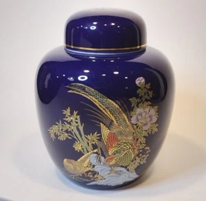 Vintage Cobalt Blue Jar Ceramic w Lid Asian Pheasant Bird 5" - Picture 1 of 11