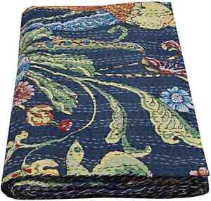 100%Cotton Kantha Quilt King Size Bedspread Handmade Blanket Navy Blue Bedcover