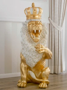 León Dalmar feroz con corona estatua en cerámica crackle color hoja oro con d... - Imagen 1 de 4