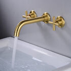 Modern Wall Mount Bathroom Sink Brass Mixer Faucet Tap 2 Handle Brushed Gold NEW