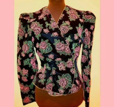 Chaqueta Top Vintage Inky Black Años 80 Años 40 Terciopelo Rosa Cubrir Foto 1 de 2