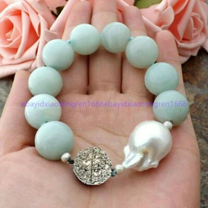 Huge Natural 12MM Amazonite Round Gems&White Keshi Baroque Pearl Bracelet 7.5'' - Picture 1 of 12