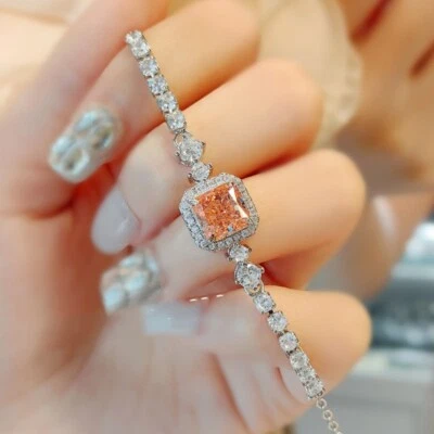 Nuevas pulseras plateadas de lujo de 10 mm con corte de flor de hielo Padparadscha para mujeres niñas Foto 1 de 4