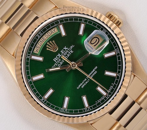 Rolex Day Date 18038 Presidential 18k G 36mm Watch Green Stick Marker Dial