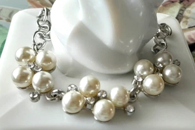 Paparazzi Simulated Pearls/Rhinestones/Silver Tone Bracelet/Adjustable to 11" - Image 1 of 4