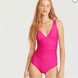 🌻NEW W/TAGS! J. Crew Fuchsia Ruched V-neck One-Piece Swimsuit Bathing Suit 12. - Picture 1 of 10