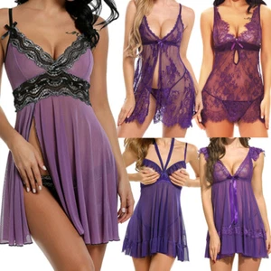 Purple Women Sexy Lingerie Chemise Babydoll Sleepwear Lace Dress G-string US - Picture 1 of 78