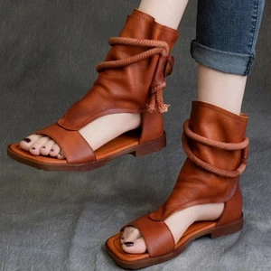 Gladiators Women Genuine Leather Sandals Flat Heel Flip Flops Thongs Summer Boot - Picture 1 of 14