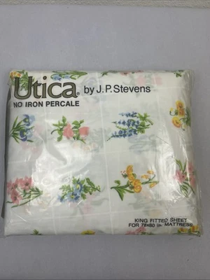 NUEVO Vintage Caja de Flores King Hoja Plana Floral Utica Stevens Percal Abuela Núcleo Foto 1 de 4
