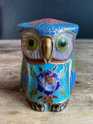 Chouette hibou figurine miniature vintage 🦉 émaux cloisonnés laiton (5,5 cm) - Photo 1/4