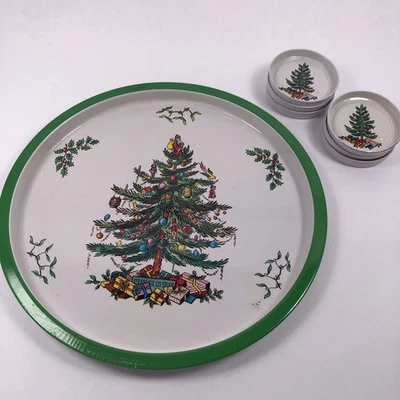 Vintage Spode Christmas Tree Tin Serving Tray & 6 Coasters- Hong Kong - Image 1 of 4