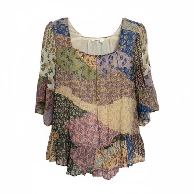 Floreat Anthropologie Patchwork Campesino Top Manga Campana Fluido Cuentas Talla S Foto 1 de 4