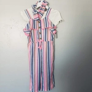 Little Lass NWT Three Piece Outfit Set 5 Jumpsuit Pink Blue White Striped Ruffle - Picture 1 of 8
