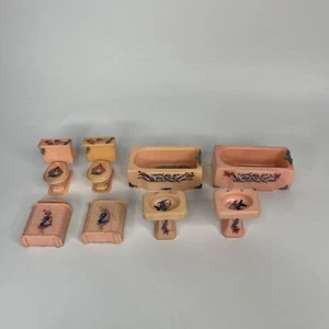 8 Pcs Renwal Vintage Pink Bathroom Dollhouse Furniture Toilet Sink Hamper Tub - Picture 1 of 8